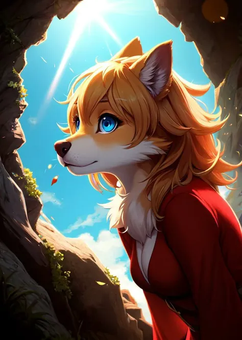 beautiful mature female anthro, furry, fuzzy, red dress, furry body, detailed body fur, detailed face, beautiful blue eyes,  snout, masterpiece, best quality, absurdres, hdr, cinematic lighting, high contrast, subsurface scattering, bloom, chromatic abberation, lens flare, a1 pictures style, pixar style, by sam yang, by Daniel Bel, by Paula Lucas