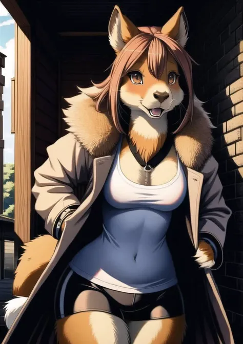 (fluffy anthro furry), (detailed eyes, detailed mouth), (anorexic) ,(capybara),  pectoral focus, alternate hairstyle, female, sfw, overcoat, bike shorts, Queencore, energetic, shy, blush, disgusted, detailed background
<lora:add_detail:1>