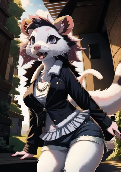 (fluffy anthro furry), (detailed eyes, detailed mouth), petite,(opossum),  eye focus, alternate hairstyle, text in eyes, female, sfw, frilled shirt, shorts, Dual Kawaii, energetic, mad, aroused, detailed background
<lora:add_detail:1>