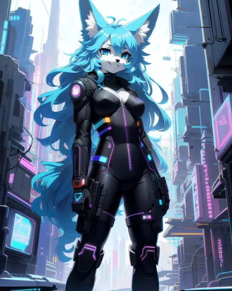 (cyberpunk style:1.2), (Anime, cute), (fluffy anthro furry:1), Fennec, (very long curly blue hair, woman, detailed face), (small breasts:1) , pose, grin BREAK cityscape, masterpiece, best quality, subsurface scattering, absurd res, soft lighting, countershading, detailed background, in the style of [Ashley Wood|Alex Maleew]