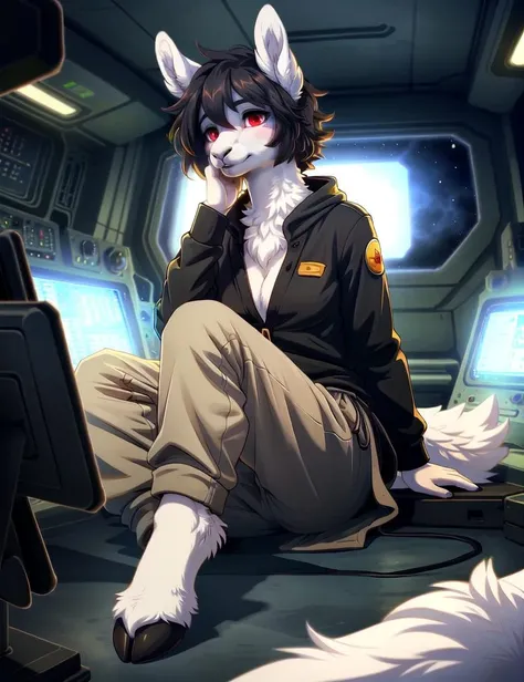 ((fluffy anthro furry llama), hooves, snout), (short wavy hair, woman, remarkably detailed  red eyes, detailed face), baggy pants, pose, Lonely,
Space Opera style, Anime artwork by White Fox, masterpiece, best quality, absurdres, color graded, soft warm lighting, subsurface scattering, face focus