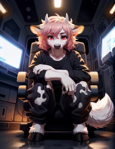 ((fluffy anthro furry cow), hooves, snout), (short wavy hair, woman, remarkably detailed  red eyes, detailed face), baggy pants, pose, Lonely,
Space Opera style, Anime artwork by White Fox, masterpiece, best quality, absurdres, color graded, soft warm lighting, subsurface scattering, face focus