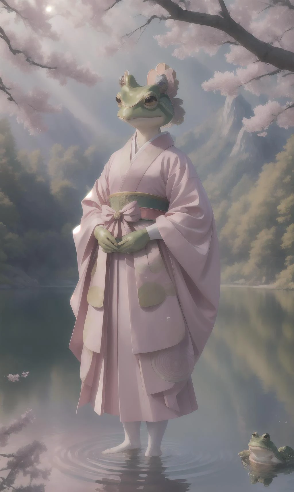 (masterpiece, best quality), masterpiece:1.1), (best quality:1.1), An exquisite masterpiece of the highest quality: a creature with the face of a frog, elegantly dressed in pink samurai attire, standing by a serene lake adorned with gentle rays of light in the background. <lora:dragonborn_offset:0.3> <lora:detailed_notrigger:1>