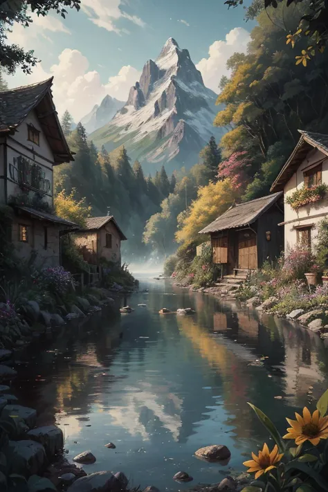 fine details, ((body portrait)), dark magic, (1boy:1.4, best_quality:1.2), mysterious atmosphere, (award-winning painting:1.3), flowers, masterpiece, solo, wonder, a medieval village in switzerland with river and pool, impression, experimental charm, 8k uhd, citizens, many mess tiny colorful flowers, (centered image composition), 1girl, best quality, outdoors, excellence, RAW photo, standing in the center of a bloody summoning circle, camping stove, highly detailed, you can see a huge music studio integrated into a jungle, Sharp focus, Atey Ghailan, impressionist, extremely detailed, mountain, very detailed, colorful, bloom, best shadow, top, elegant, dwelling, landscape, creating a serene atmosphere. This picturesque scenery is worth exploring, 8k, ultra-realistic