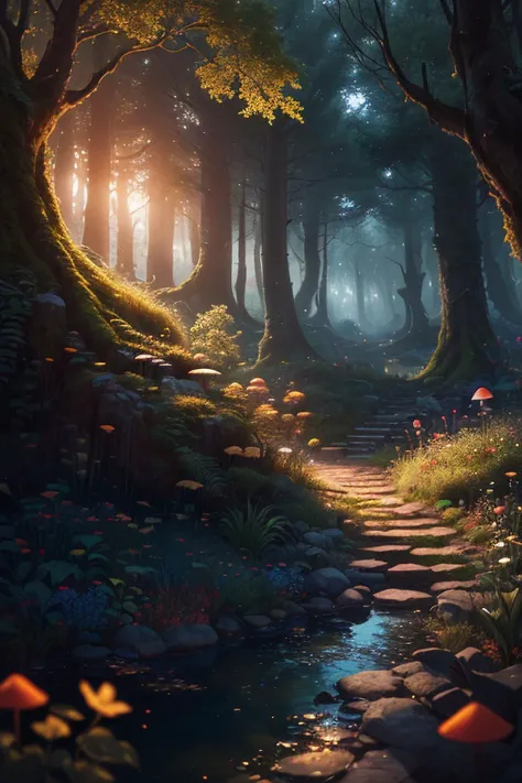 masterpiece, best quality, high quality,extremely detailed CG unity 8k wallpaper, An enchanting and dreamy scene of a fantasy forest, with towering trees, glowing mushrooms, and hidden fairy glens, creating a sense of mystique and enchantment, artstation, digital illustration, intricate, trending, pastel colors, oil paiting, award winning photography, Bokeh, Depth of Field, HDR, bloom, Chromatic Aberration ,Photorealistic,extremely detailed, trending on artstation, trending on CGsociety, Intricate, High Detail, dramatic, art by midjourney