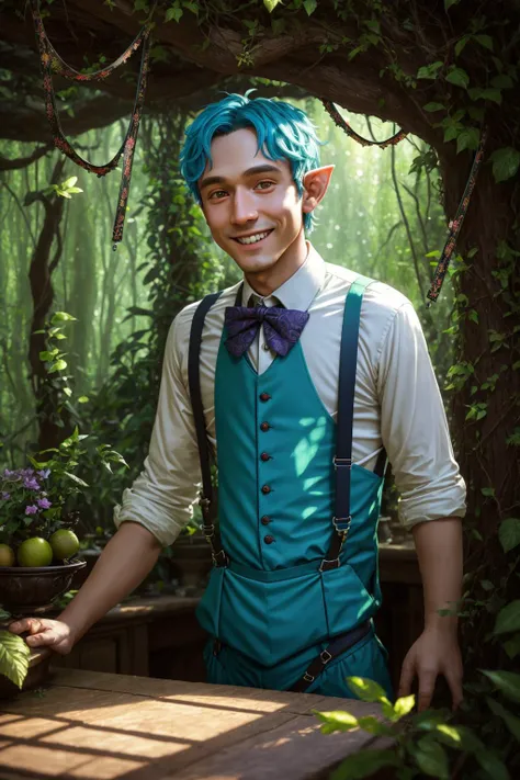 (masterpiece), compass, small nose, dimly lit mud hut interior, high intricate details, lush plants, ROOM, cinematic lens with (complex filed bokeh), tree, roughness, <lora:Elixir:1>, highly detailed, elf ears, (ultra_detailed:1.3, detailed, smiling like a child), a beautiful goth man. tall, (sky blue suspenders:1.4), ancient marble altar in fairy forest, High Detail, Greg Manchess, flirting with camera, wide-angle, highres, "fruit trees"