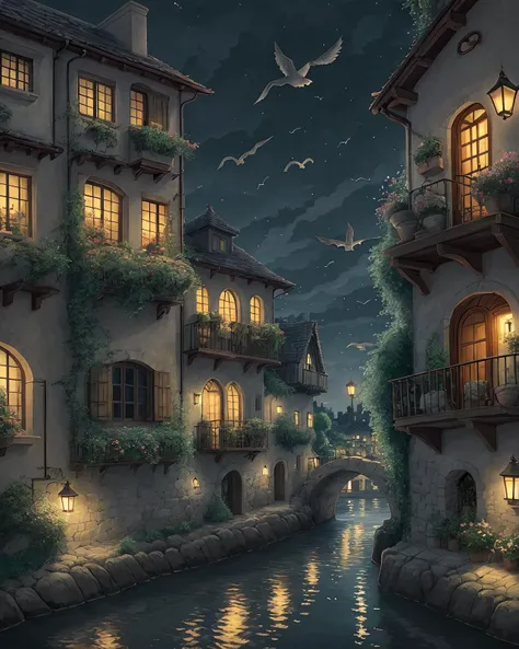 river, grey eyes, "quaint", sky, (dark night), Studio Ghibli, mediterranean style living room, best quality, evening, birds, seagulls, no mustache, (nostalgia and peacefulness:1.3, masterpiece), soft lighting