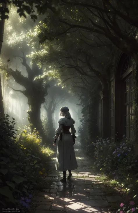 official art, gloomy atmosphere, (masterpiece, hdr:1.4), fresh air, Greg Manchess, meccog, 1 girl, depth of field, Fill light, physically-based rendering, cloud, fairy forest, respect, photon mapping, film grain, comic style, classical St Lucian garden, (realistic)