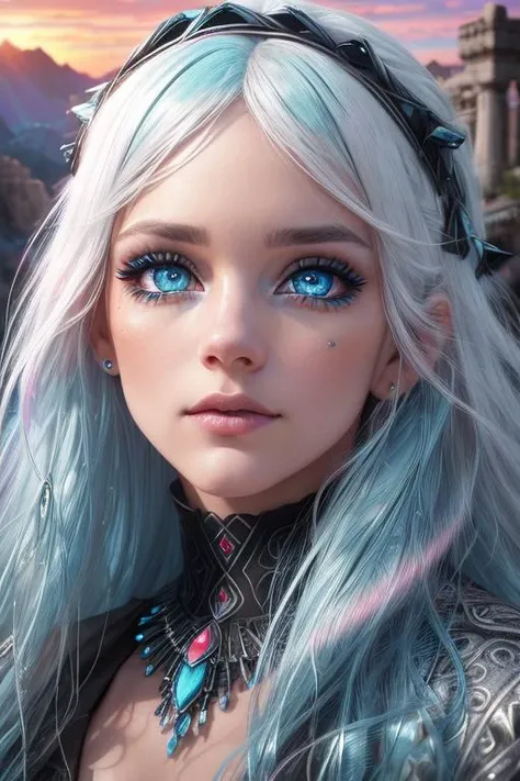 pixel art, Manga, detailed face, highly detailed, Black and white with bright grey-blue eyes, rubin-like dark red eyes, best quality, Extreme Wide Shot, ((ancient fallen kingdom)), high contrast, (muted colors:1.2, photorealism:1.2), beautiful, slum cyberpunk, ((big aquamarine eyes), photo-realistic:1.37), pink sunset, volumetric light, (luminescence:1.3), sunset, (symmetrical lips), sunbeams, Illustration, white hair, electric energy, depth of field, Sharp Eyeliner, A forbidden castle high up in the mountains, award-winning photography, Ultra HD, photorealistic, wildlife in background, Sally Mann, masterpiece, Aboriginal