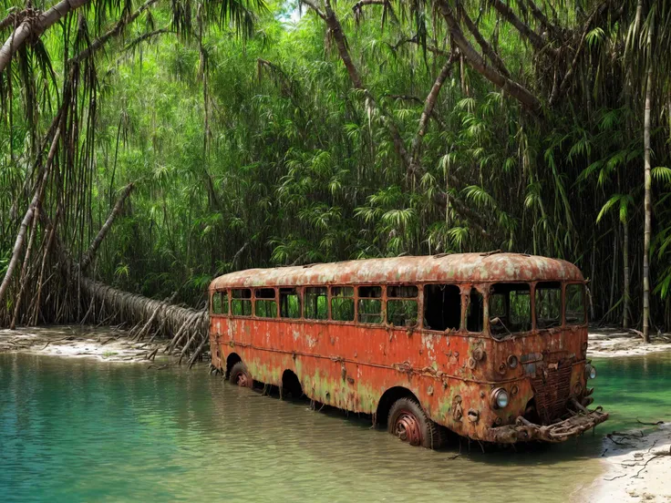 old rusty bus, huge mangrove roots in a tropical bay, decayed half-flooded bus, bamboo thickets, sunny day, hyper realistic, dslr, super realistic