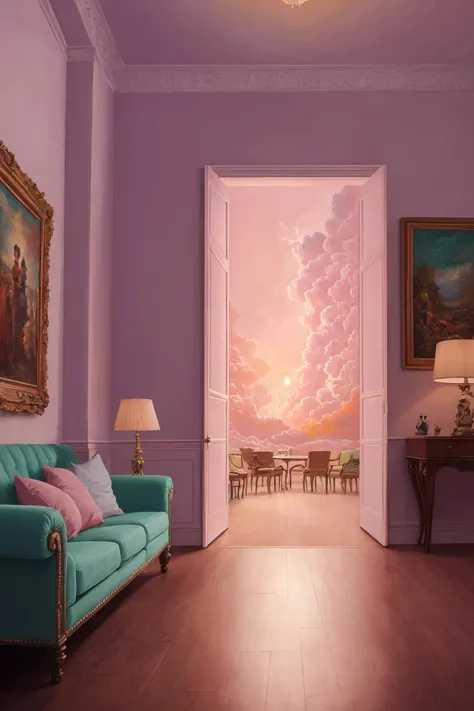 resourcefulness, shading, Unity, elegant, masterpiece, LIVING ROOM, evening, castle, inconceivable and spectacular a scene of emergence of a figure from the glowing cloud, ((pastel painting)), detailed background, make you feel relaxed and happy, pink hair