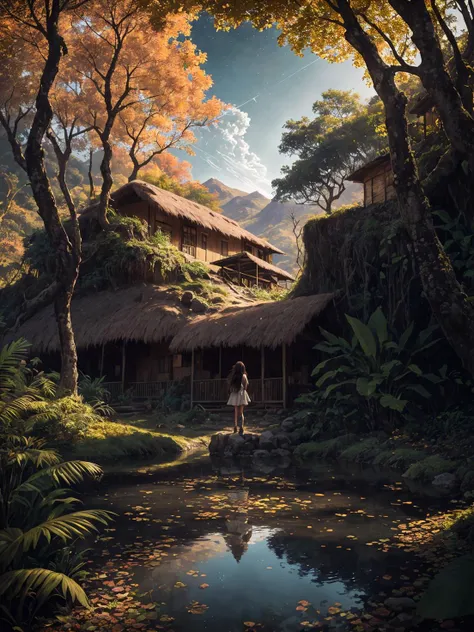 unity 8k wallpaper, nobody, (masterpiece:1.3), moss, (masterpiece, photo-realistic), trending on CGsociety, the space is carefully arranged to create an intimate yet open ambiance, Scenery, random beautiful jungle, extreme detail, river and pool, dramatic, (8k), detailed, soft focus, (ultra-detailed), low tide, capturing every detail of this serene and immersive landscape, (Extremely detailed background:1.2), nightsky, particles, outdoors, solo, composition, autumn, (best shadow), high quality, house, (parted lips), highly detailed, contrail, photorealistic brown with long hair, a masterpiece, mystery, Namibian, a girl in a village, horizon, ulra high res