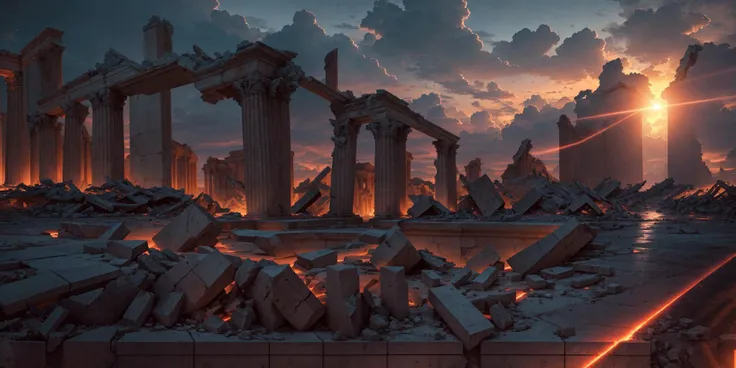 end of the world,large esplanade surrounded by ruins,visually captivating and immersive experience,depth of field,marble ruins,4k,Volumetric Lighting,Cinematic Lighting,dusk,(high quality, masterpiece, best quality, high detail, highres),