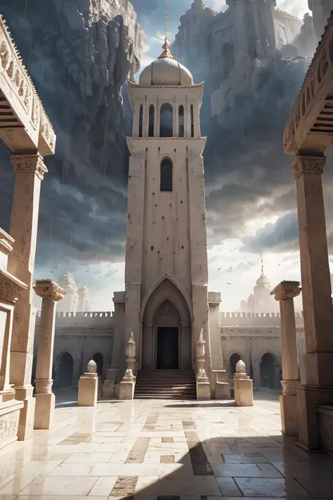 wearing a white robe in the temple, ue5, (best quality, r4ec4mbr4:0.95), White clothes, ((ultra-detailed), detailed light), peaceful, particles, (isometric 3d art of floating rock citadel), solo, (floating colorful sparkles:1) the most beautiful form of chaos, extravagant intricately detailed clothing, collarbone, surreal, random, landscape, in Sahara desert, ambiance, matte painting concept art, rain, urban, dramatic