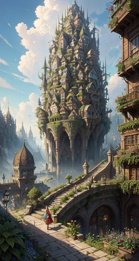 realistic fantasy, detailed illustration, garden, floating hair, incredibly absurdres, hair, (elven city street, hyperrealism), {highres}, dramatic, cloud, smooth, Tyler Edlin