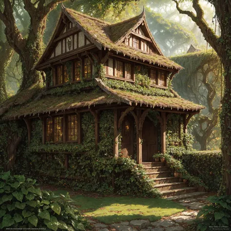 wearing viking armor, (hyper-detailed, masterpiece), best quality, high quality, ((ivy-covered house)), mighty oak, random beautiful jungle, highly detailed, (art by Donato Giancola:1.0)
