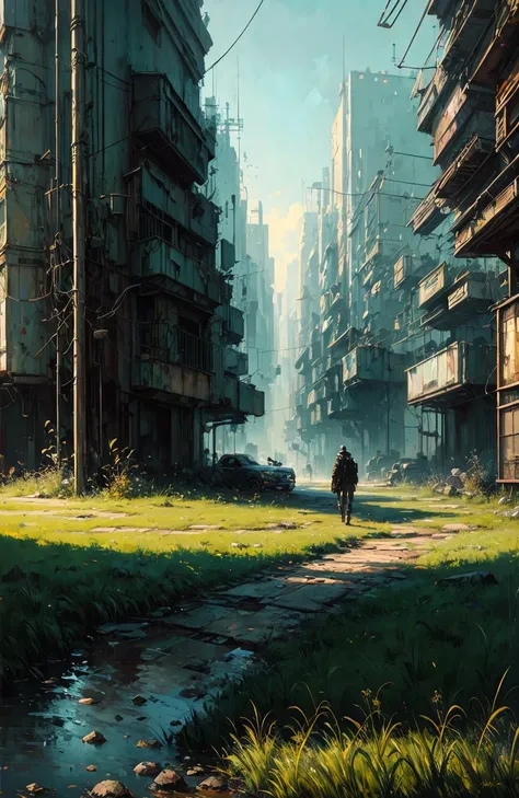 <lora:more_details:0.8>, by Jeremy Mann, professional (landscape painting) of natures, impression, ultra-HD, tranquil, (cyberpunk), warm, beautiful, grass