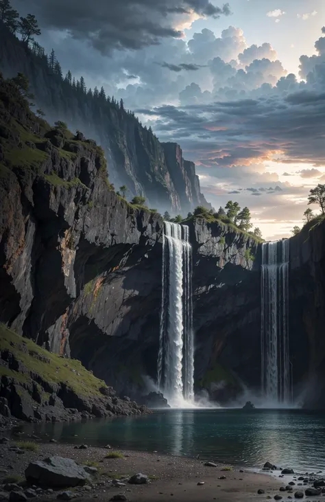 photorealistic, photographic, raw photo, waterfall, middle ground, (dark cloud), highres