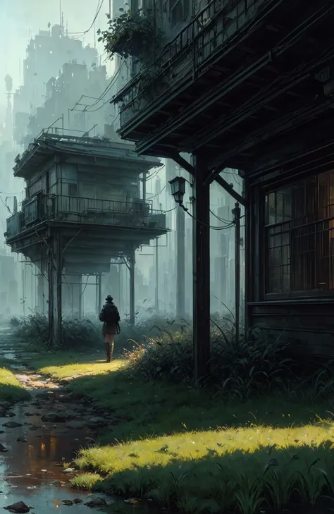<lora:more_details:0.8>, by Jeremy Mann, professional (landscape painting) of natures, impression, ultra-HD, tranquil, (cyberpunk), warm, beautiful, grass