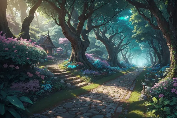 masterpiece, sharp focus, (dusk), best quality, concept art, realistic, Studio Ghibli, cobblestone, extremely detailed CG unity 8k wallpaper, depth of field, vibrant turquoise tinted colors, cuteism overload, robotic parts, isometric view, soft light, (basket filled with plants, RAW photo), fantasy forest landscape, ultra-detailed, deadly noir, rainbow vegetation, no one, trees, (lineart:1), super detailed, (ocean:1.2), imagination, Ultra-Wide Angle, highres, (elven city street), thoughtful, Chromatic Aberration, Latvian architecture