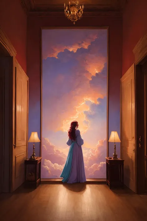 resourcefulness, shading, Unity, elegant, masterpiece, LIVING ROOM, evening, castle, inconceivable and spectacular a scene of emergence of a figure from the glowing cloud, ((pastel painting)), detailed background, make you feel relaxed and happy, burgundy hair