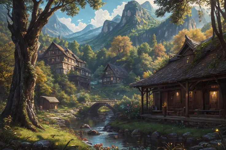 masterpiece, detailed lighting, wide color coverage, scenery, (photo-realistic:1.37, medium round breasts:1.2), 8K, Unreal Engine 5, (blemishes:1.2), intricate details, cloudy_sky, hair intakes, ultra detailed, outdoors, (lush vegetation), digital painting, bokeh, gratitude, village in background, (((sinister))), detail love, beautiful intricately detailed soft oil painting by jim lee