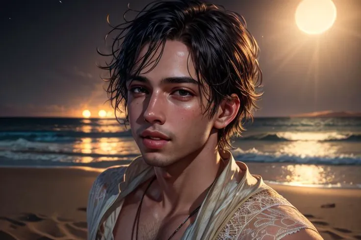 figurative, ray tracing, ((best quality)), unity 8k wallpaper, (realistic, the beach at night, detailed beautiful lips), water, precision, 1boy, by Jeremy Mann, <lora:add_detail:0.6>, detailed background, lace, 8k, ((desert))