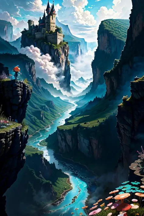 (turquoise flower pattern in uniform), clownfish, (looking at viewer), Masterpiece, balance, river, extremely detailed, audio waves, A forbidden castle high up in the mountains, best quality, bearings, magic mushroom harvest, bridge, (highly detailed environment:1.3, closed mouth), open fields, trending on artstation, rotational symmetry, concept art, (hyperrealism), cloud, real life, (detailed), physically-based rendering, (style-swirlmagic:0.6), In the middle of the gorge is a man, heavy metal and leather guitar stitched