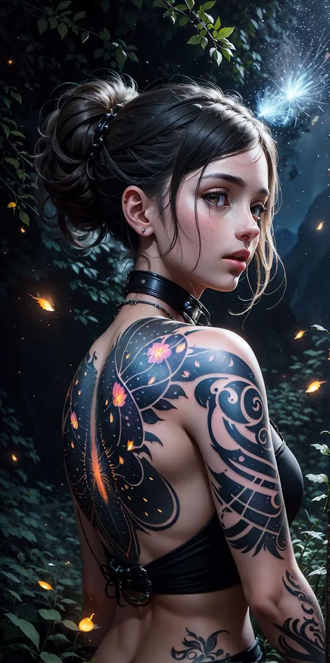 Krzysztof Maziarz, smooth, (best quality), digital art, (fireflies), epic, (masterpiece), through the mountains, contrast, (exploding:0.2, 1girl with tattoo on the left arm:1.2), 1girl, experimental charm, weeds, Depth of field, realistic, scenery, fantasy worlds, insanely detailed, in a futuristic prehistoric village