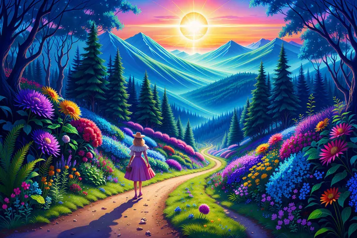 illustration, ((Best quality)), harper's bazaar art, good quality, magical nocturnal flora and fauna, path, home, (1girl:1.4), sun, stable, high quality, hills, endurance, realistic lighting, in the style of futuristic psychedelia, intricate details