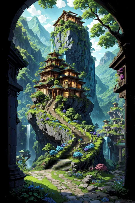 pops of vibrant green to accentuate the lush vegetation, (digital painting:0.8), blues electric blue, 1 woman, isometric, mountains, (beautiful face:1.1), octagonal stone pavilions, stone road and hill with a small waterfall on top, road, (hdr:1.4), vibrant and enchanting atmosphere, freckles