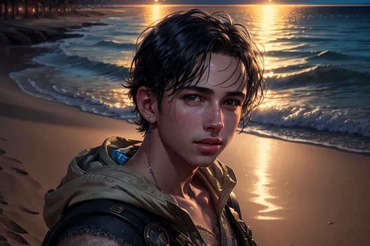 figurative, ray tracing, ((best quality)), unity 8k wallpaper, (realistic, the beach at night, detailed beautiful lips), water, precision, 1boy, by Jeremy Mann, <lora:add_detail:0.6>, detailed background, lace, 8k, ((desert))