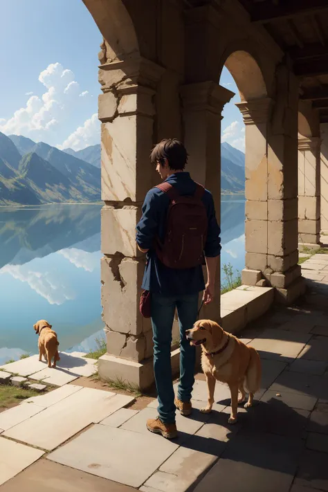 <lora:Elixir:0.565685424949238>, <lora:detail_slider_v4:0.565685424949238>, makoto shinkai, (photo-realistic:1.37, by alex maleev:1.1), Manga, ancient ruins, full body, fashion magazine, realistic anime style lone hiker with his golden retriever looking out at a grand lake, (best shadow), citizens, high contrast, Alabaster statue