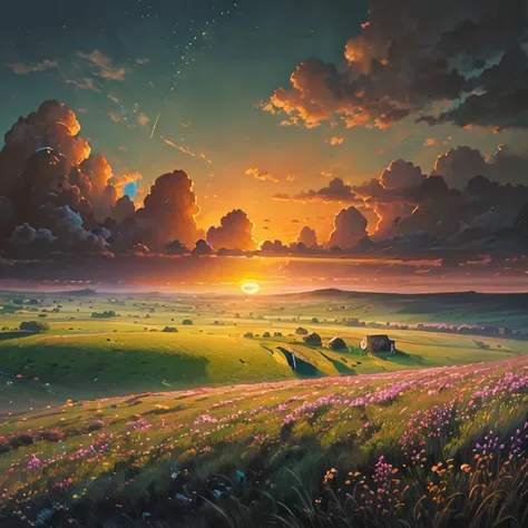 <lora:Elixir:0.565685424949238>, (extremely intricate, setting sun), close-up, ultra-detailed, Artificial intelligence marketplace, best quality, imagination, rough skin, (best lighting, cottagebore), professional majestic oil painting by Ed Blinkey, rim light, (Vast grassland), in the style of  <lora:howlsMovingCastleInterior_v3:0.7071067811865475>