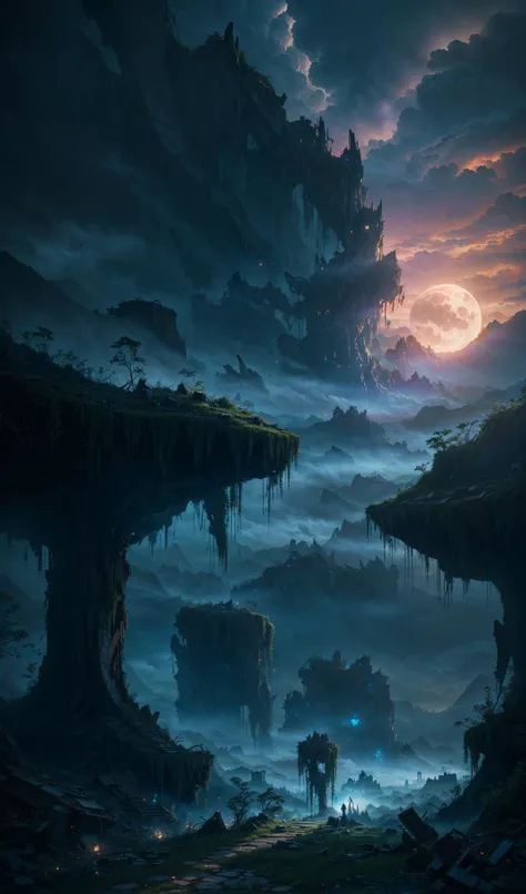 moon, Depth of Field, phblue, floating petal, natural cinematic lighting, mountain, highly detailed, (epic post apocalyptic destroyes city overgrown ruins), contemplative, (dark cloud), path, (extremely detailed hyperrealistic masterpiece), gnarled trees, (photorealistic:1.4), nature, INTERIOR DESIGN