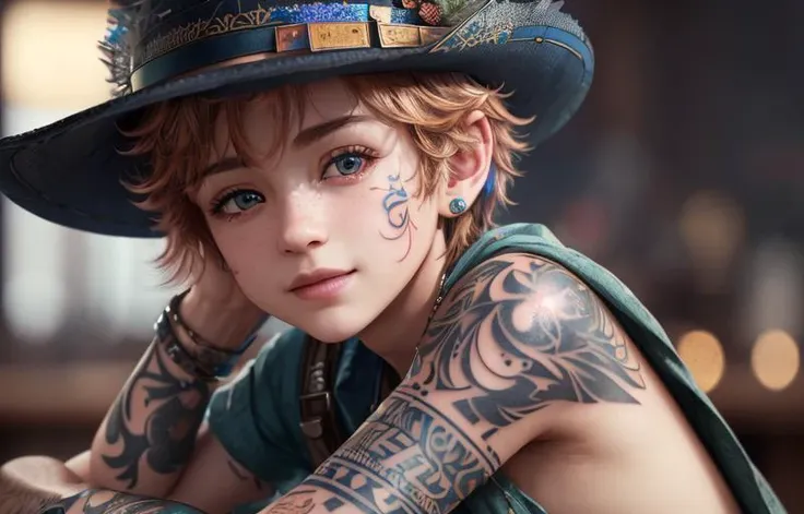 unity 8k wallpaper, (hdr:1.4), best quality, (ultra-detailed, extremely detailed CG), craftsmanship, fedora, Hyperdetailed, impression, (1boy, shallow depth of field:1.5), factory, f 1. 2, (Hackberry, 1girl with tattoo on the left arm:1.2)