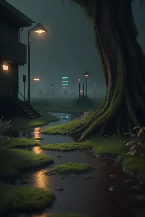 (detailed), 3d render, filmgrain, blade runner 2049, landscape, moss