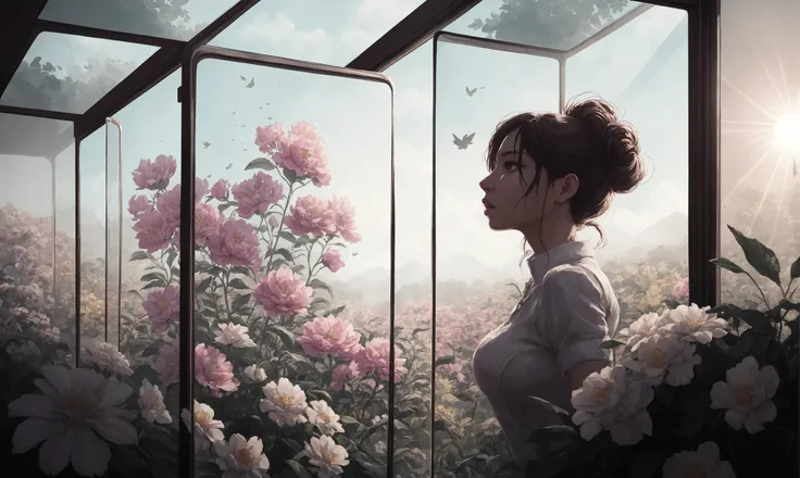 <lora:Elixir:0.565685424949238>, <lora:detail_slider_v4:0.565685424949238>, (wallpaper), dearest, nature, (best_quality), trending on artstation, the scene is bathed in natural sunlight, digital ink sketch painting by Wonkeyman, cinematic universe inside of a glass cube, Extremely high-resolution details, attractive mixed woman, fresh air, flowers, High Detail, (Indonesian female:0.6), octane render