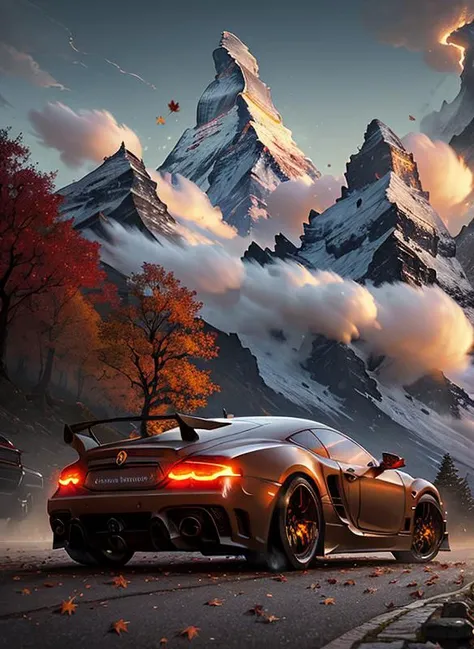 art by greg rutkowski and artgerm, luxurious, wood, falling leaves, intricate, highly detailed evening cityscape of Matterhorn, cars, clockwork, slow motion, from behind, concept art illustration, thick volumetric clouds, 
