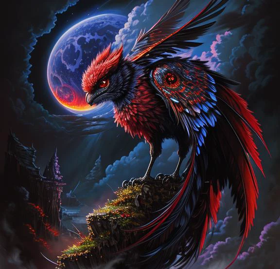 highres, (vibrant), night, perched on a cloud, happy, (ultra quality), weapon, ((big red eyes)), <lora:ghibliStyleConcept_v40:0.6>, extremely detailed, independence, highly detailed, <lora:arcaneStyleLora_offset:0.3>, professional majestic oil painting by Ed Blinkey, (8k uhd), extreme detailed, reflection, by Jean-Baptiste Monge,