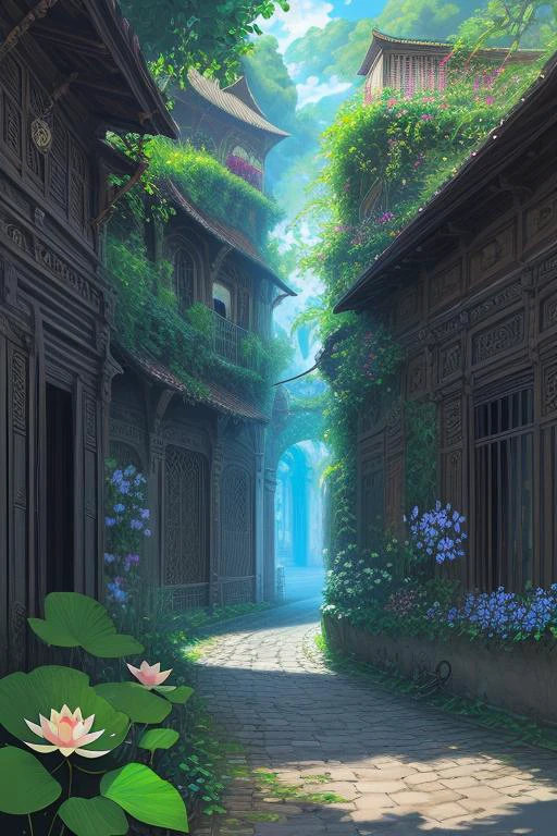 lotus flowers and leaves, (realistic), best quality, dynamic colors, swirls, architectural streets, a character portrait, blue eyes, vines, landscape, clear sky, black colors, chains connected to rings, digital painting, <lora:ghibliStyleConcept_v40:1>, ultra high res,