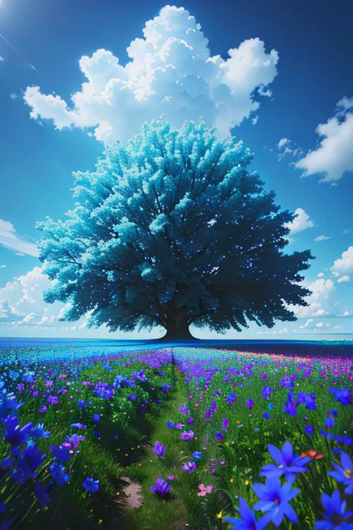vibrant blue tinted colors, skyscraper, highly saturated colors, Fujifilm Fujichrome Provia 100F film, flower field, purity and dreamy symbolism, (muted colors:1.2), (photon mapping), octane render + hyper realistic, storage, (8k), hdr, sunny,