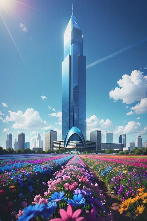 vibrant blue tinted colors, skyscraper, highly saturated colors, Fujifilm Fujichrome Provia 100F film, flower field, purity and dreamy symbolism, (muted colors:1.2), (photon mapping), octane render + hyper realistic, storage, (8k), hdr, sunny, 
