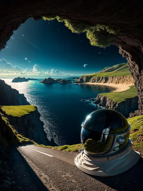 moss, (space helmet), island, coastal road, road, High Detail, dramatic light, high contrast, best quality, nature, (landscape view), expressionistic, <lora:epiNoiseoffset_v2:1>, small boats, (cartoon:0.3), medium shot,