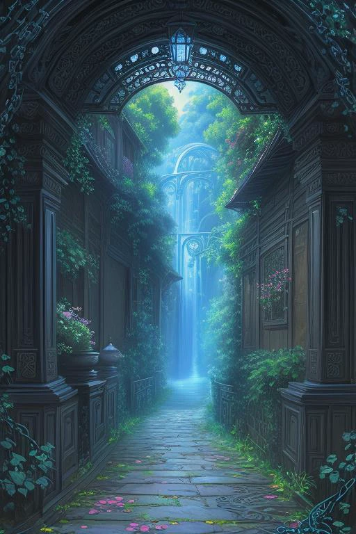lotus flowers and leaves, (realistic), best quality, dynamic colors, swirls, architectural streets, a character portrait, blue eyes, vines, landscape, clear sky, black colors, chains connected to rings, digital painting, <lora:ghibliStyleConcept_v40:1>, ultra high res,