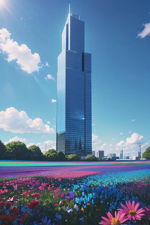 vibrant blue tinted colors, skyscraper, highly saturated colors, Fujifilm Fujichrome Provia 100F film, flower field, purity and dreamy symbolism, (muted colors:1.2), (photon mapping), octane render + hyper realistic, storage, (8k), hdr, sunny,