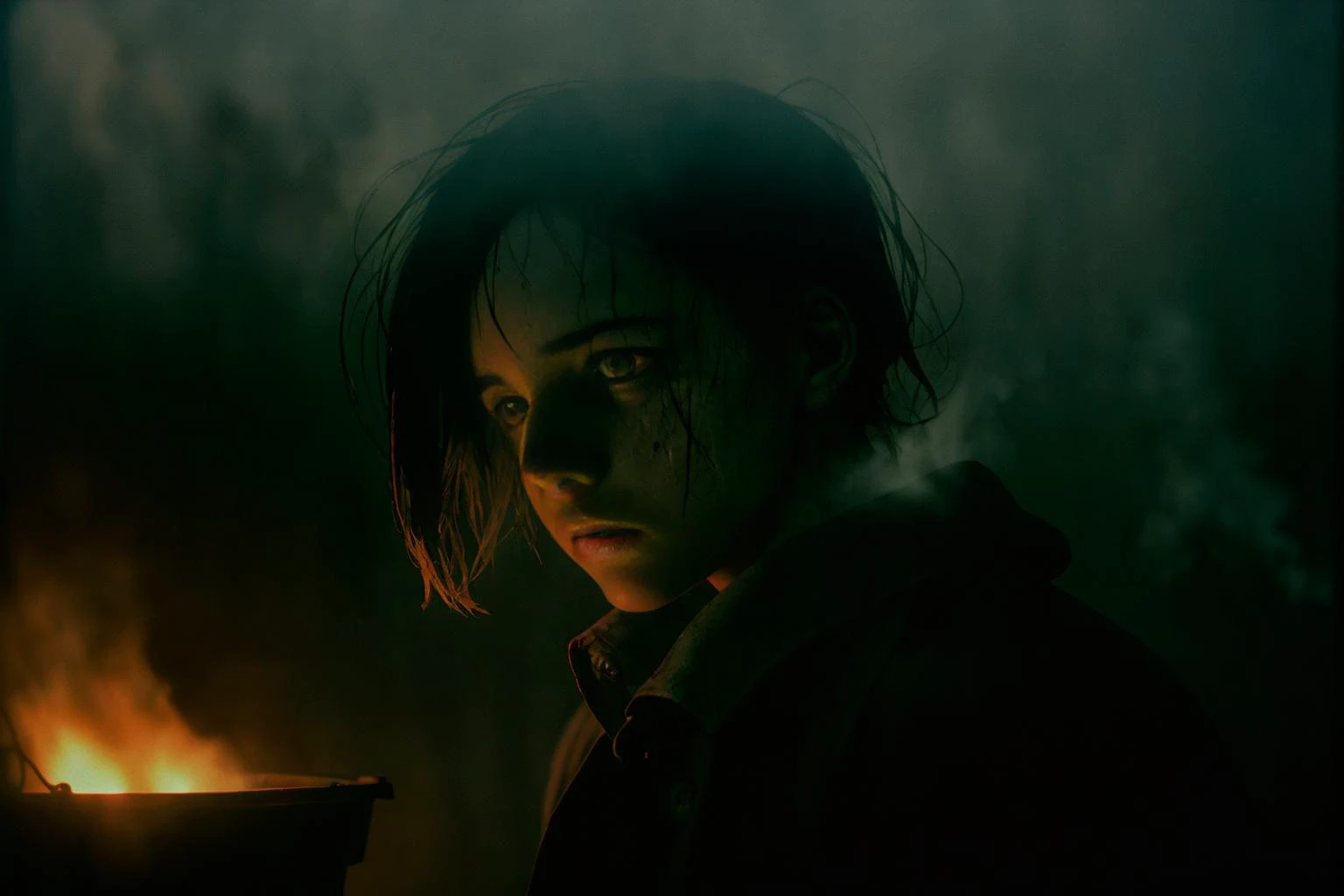 editorial photo, short light, dark despair, steam, atmosphere, wondrous, skin glowing, shot on Fujifilm Superia 400,cinematic composition, professional color grading, film grain,