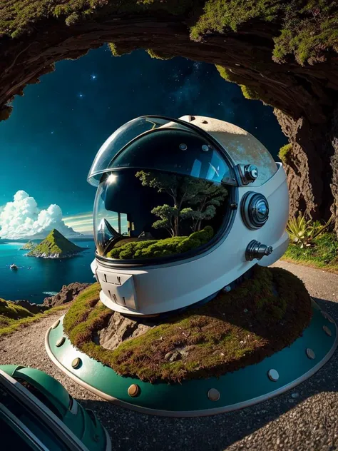 moss, (space helmet), island, coastal road, road, High Detail, dramatic light, high contrast, best quality, nature, (landscape view), expressionistic, <lora:epiNoiseoffset_v2:1>, small boats, (cartoon:0.3), medium shot,