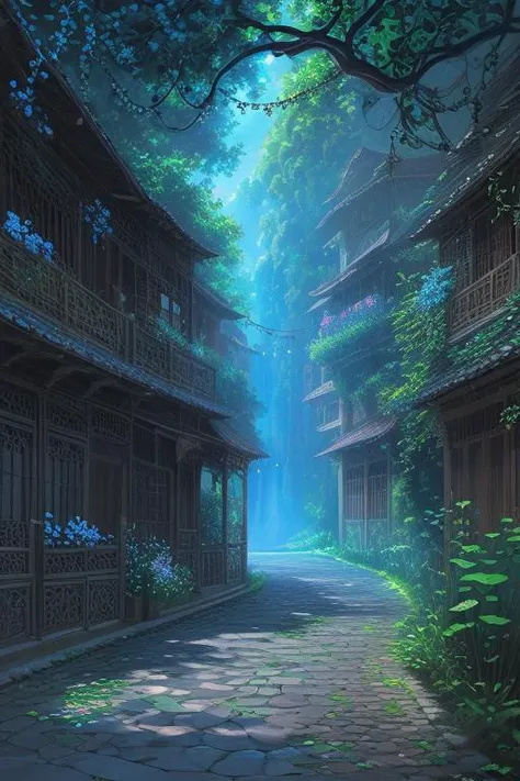 lotus flowers and leaves, (realistic), best quality, dynamic colors, swirls, architectural streets, a character portrait, blue eyes, vines, landscape, clear sky, black colors, chains connected to rings, digital painting, <lora:ghibliStyleConcept_v40:1>, ultra high res, 
