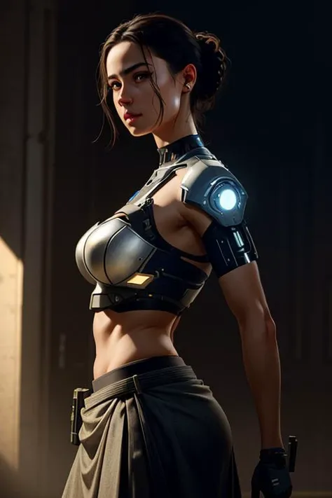(Photorealistic:1.3), sad eyes, ArtStation, cyborg body, broad shoulders, rim light, from_side, long skirt,
